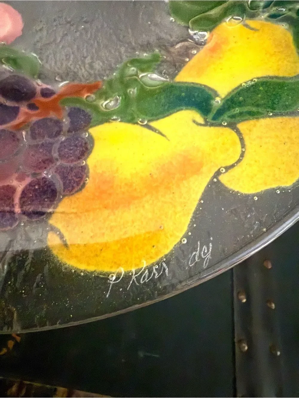 Peggy Karr Round FRUIT Fused Art Glass Bowl Signed